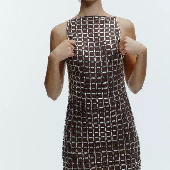 Zara Sparkly Mesh Brown Backless Short Dress - Picture 4 of 6